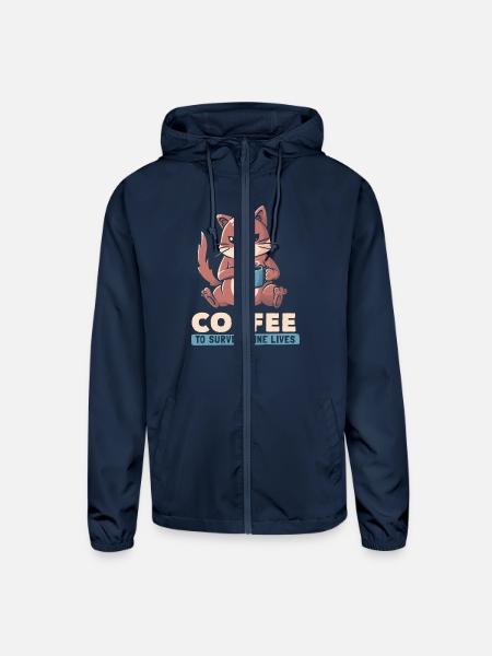 Coffee To Survive Nine Lives Funny Cute Cat - Unisex Lightweight Windbreaker Jacket - navy - Front