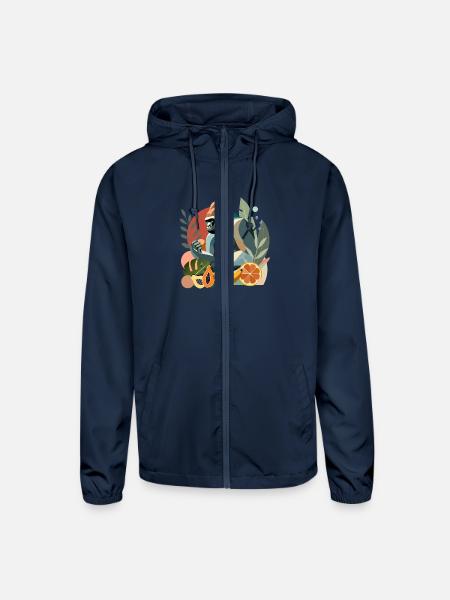 Proud gorilla with banana in tropical surroundings - Unisex Lightweight Windbreaker Jacket - navy - Front