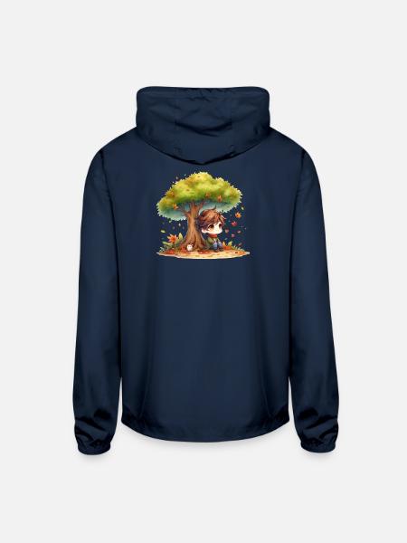 Autumn Serenity Chibi under a Maple Tree - Unisex Lightweight Windbreaker Jacket - navy - Back