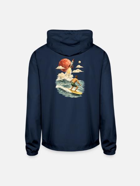Surreal surf motif with rocket and moon - Unisex Lightweight Windbreaker Jacket - navy - Back