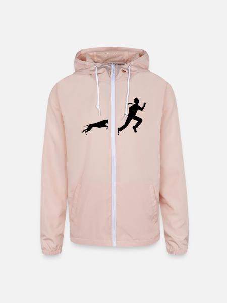 man running away from dog - Unisex Lightweight Windbreaker Jacket - blush pink  - Front