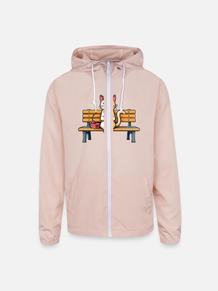 Cute Cat enjoying an ice cream on a bench - Unisex Lightweight Windbreaker Jacket - blush pink  - Front