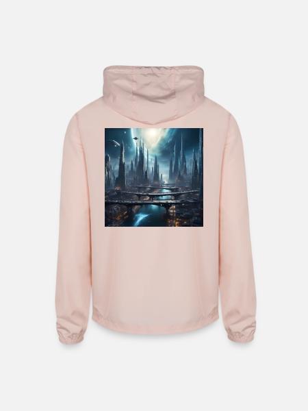 Magic City with Skyscraper Sci-Fi Alien Planet - Unisex Lightweight Windbreaker Jacket - blush pink  - Back