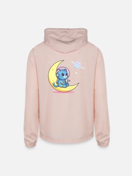 Cosmic Kitty on Moon Crescent - Unisex Lightweight Windbreaker Jacket - blush pink 
