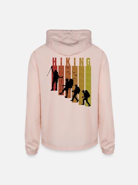 Retro Hiking & Mountain Trekking Silhouette - Unisex Lightweight Windbreaker Jacket - blush pink  - Back