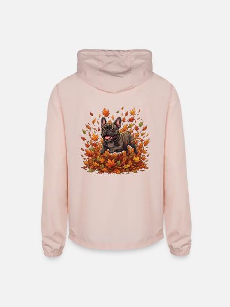 Cute Autumn French Bulldog Fall Leaves - Unisex Lightweight Windbreaker Jacket - blush pink  - Back