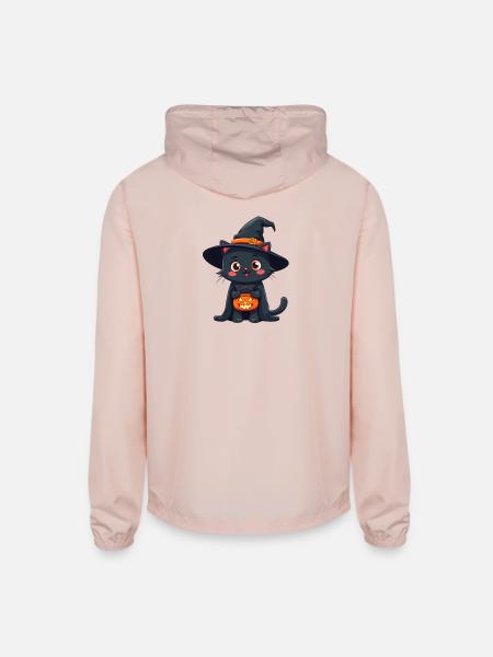 Halloween Kitty with Pumpkin Bucket - Unisex Lightweight Windbreaker Jacket - blush pink  - Back