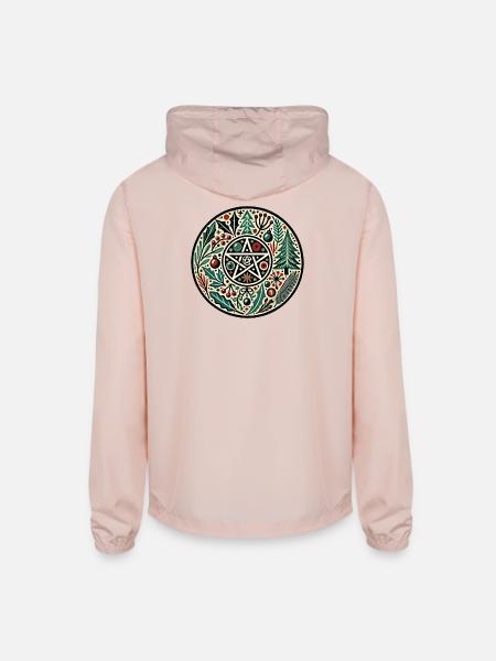 Winter Pentagram Circle with Botanicals - Unisex Lightweight Windbreaker Jacket - blush pink  - Back