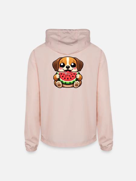 Cute Beagle dog cartoon chibi kawaii watermelon  - Unisex Lightweight Windbreaker Jacket - blush pink  - Back