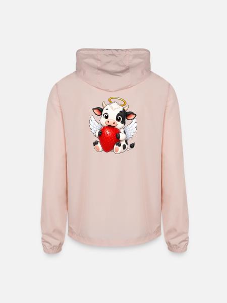 Cow with Strawberry Farmer Angel Cartoon - Unisex Lightweight Windbreaker Jacket - blush pink  - Back