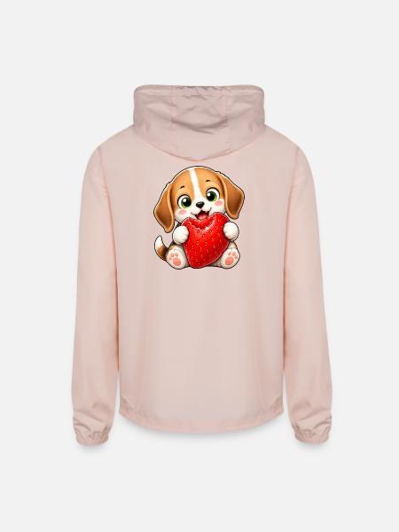 Cute Beagle Cartoon with Strawberries - Unisex Lightweight Windbreaker Jacket - blush pink  - Back