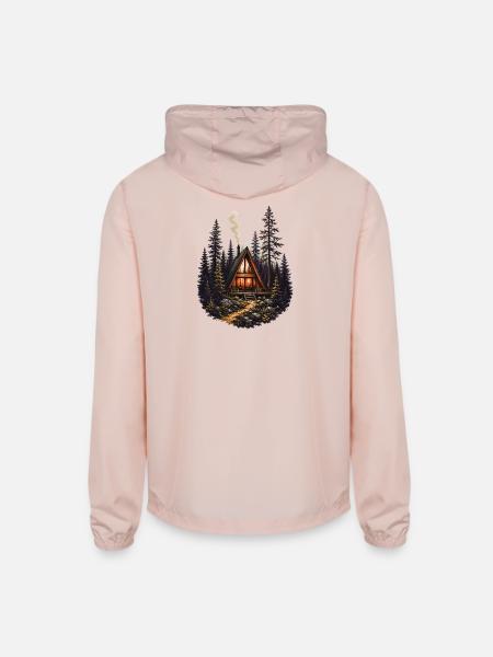 Vintage A Frame Cabin Woods Forest Nature Camping  - Unisex Lightweight Windbreaker Jacket - blush pink  - Back