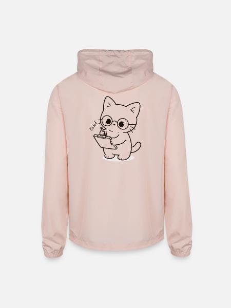 Kawaii Cat with Glasses Writing - Unisex Lightweight Windbreaker Jacket - blush pink
