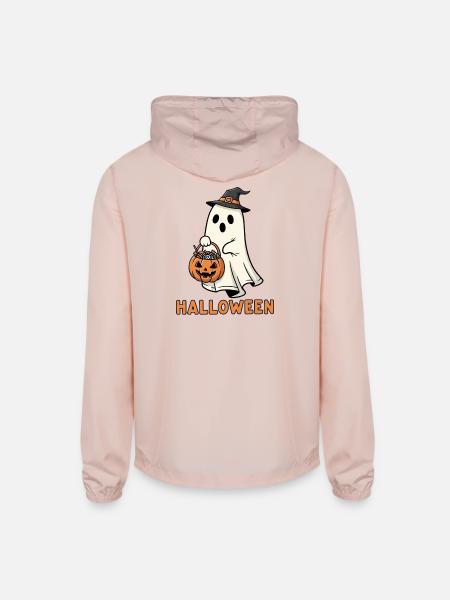 Ghost in Witch Hat with Candy Bucket - Unisex Lightweight Windbreaker Jacket - blush pink  - Back