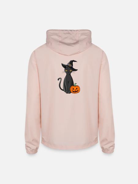 Midnight Witch Cat and Pumpkin - Unisex Lightweight Windbreaker Jacket - blush pink  - Back