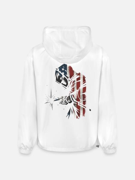 American Flag Welder Distressed Graphic - Champion Packable Jacket - white