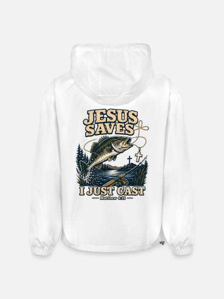 Jesus Saves I Just Cast Christian Fishing - Champion Packable Jacket - white