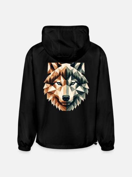 Geometric Wolf Over Peaks - Champion Packable Jacket - black
