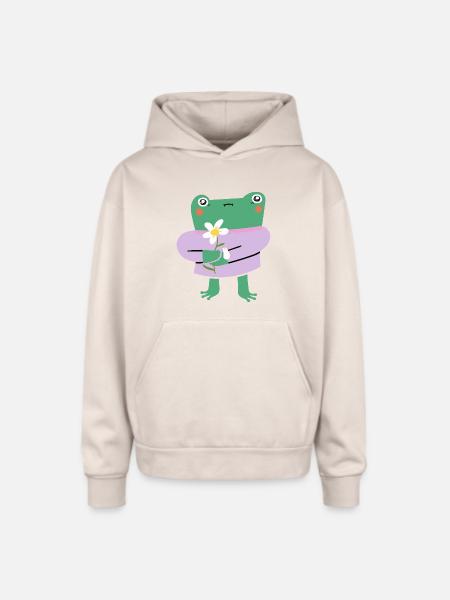 Shy Frog with Flower - Oversized Hooded Sweatshirt - Sand