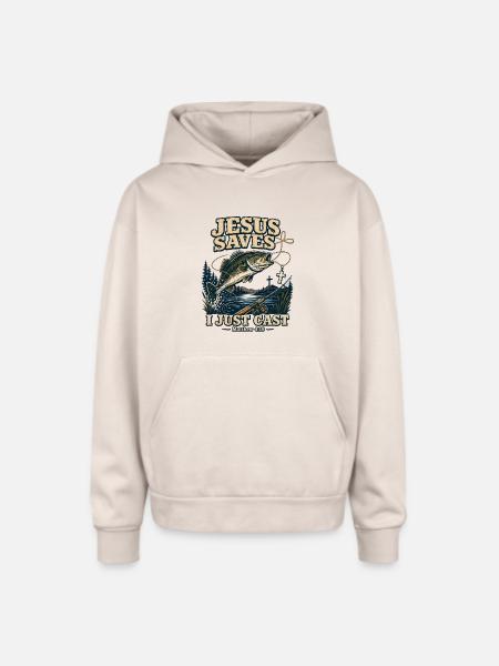 Jesus Saves I Just Cast Christian Fishing - Oversized Hooded Sweatshirt - Sand