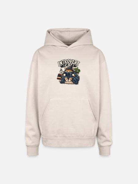 Introvert Cat Cozy Reader - Oversized Hooded Sweatshirt - Sand