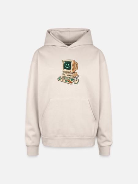 Retro Pixel Smile Computer - Oversized Hooded Sweatshirt - Sand