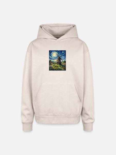 Moonlit Windmill in Bloom - Oversized Hooded Sweatshirt - Sand