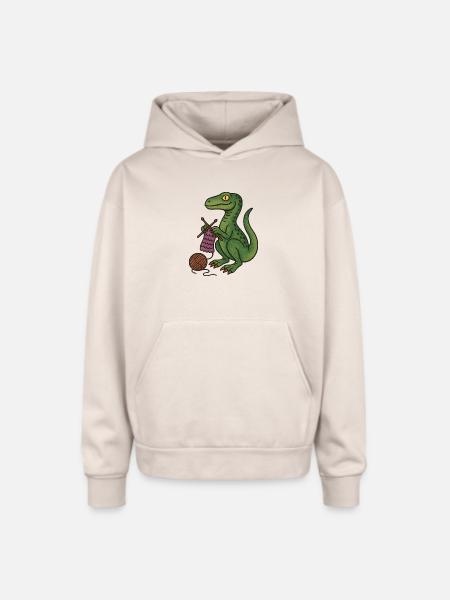 Knit Dino Cozy Green Reptile - Oversized Hooded Sweatshirt - Sand