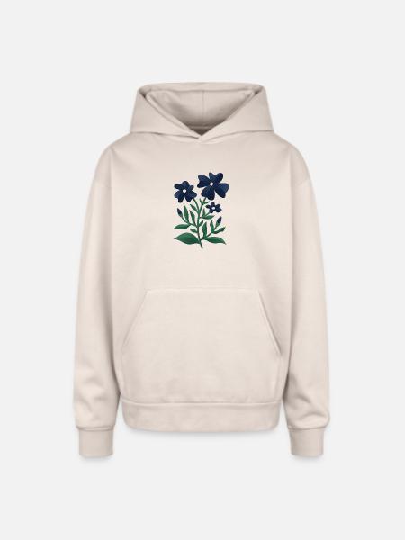Midnight Blue Bloom Botanical Print - Oversized Hooded Sweatshirt - Sand