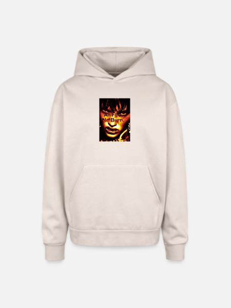 Inferno Portrait: Bold Text Overlay - Oversized Hooded Sweatshirt - Sand