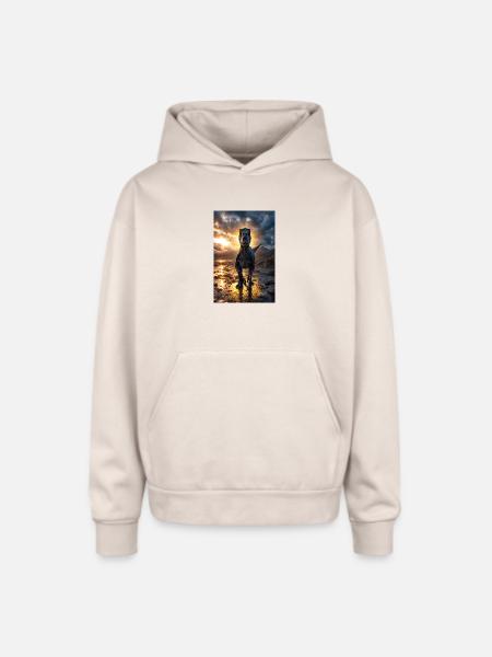 Dino at Sunset Shore - Oversized Hooded Sweatshirt - Sand