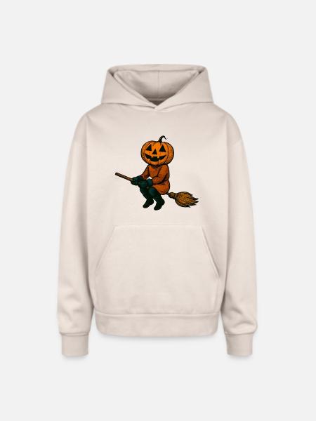 Pumpkinhead Witch on Broom - Oversized Hooded Sweatshirt - Sand