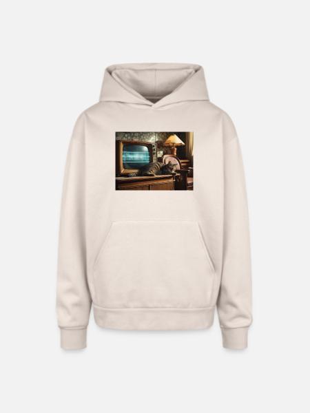 Retro TV Cat Nap - Oversized Hooded Sweatshirt - Sand