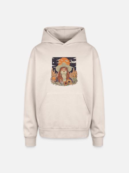Mystic Sunflower Dreamer Illustration - Oversized Hooded Sweatshirt - Sand