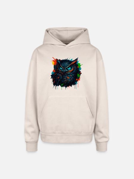 Owl Neon Splash - Oversized Hooded Sweatshirt - Sand
