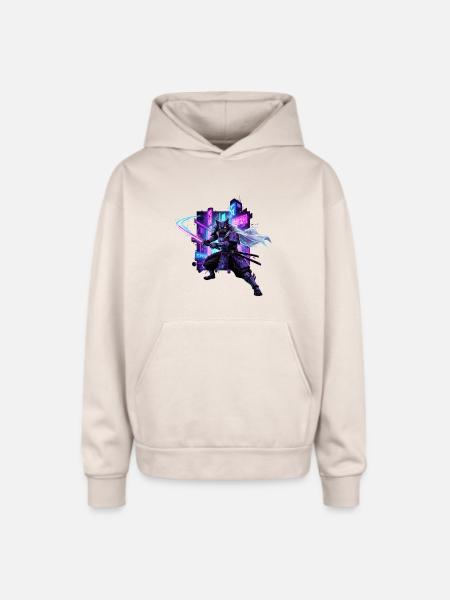 Cyber Kat Ninja Neon City - Oversized Hooded Sweatshirt - Sand