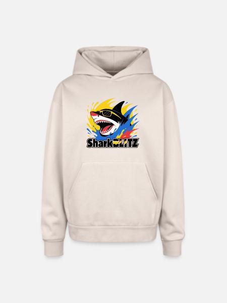 Neon Shark Splash Sunglasses Tee - Oversized Hooded Sweatshirt - Sand