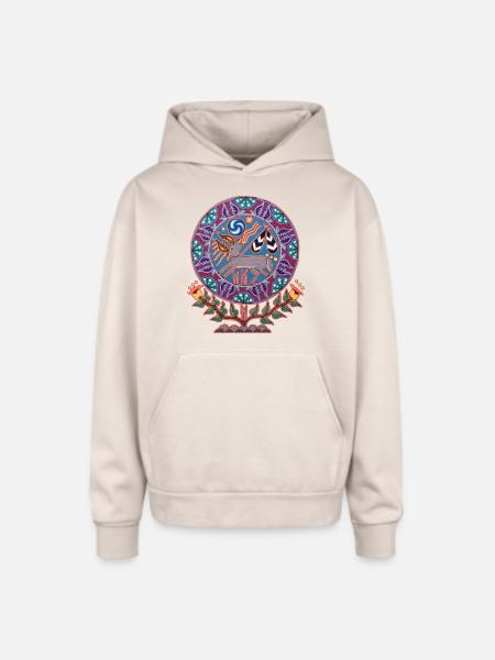 Native Huichol Peyote Deer - Oversized Hooded Sweatshirt - Sand