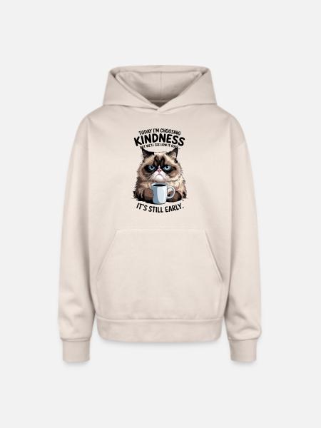 Grumpy Cat with Coffee - Oversized Hooded Sweatshirt - Sand