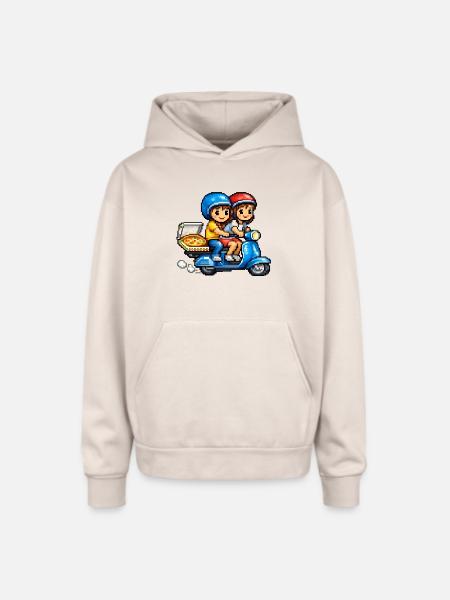 Boy and Girl on Vespa with Pizza! - Oversized Hooded Sweatshirt - Sand