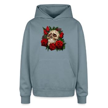 Sugar skull and Red Roses - Oversized Hooded Sweatshirt - stone blue - Front - AI Model Male 185 light (185cm)