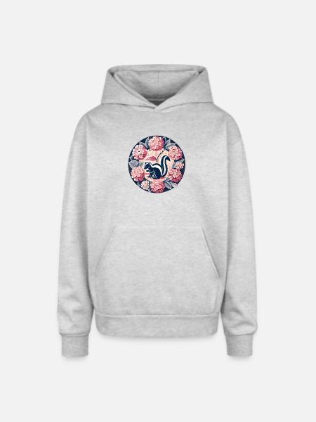 Hydrangea Circle Skunk Motif - Oversized Hooded Sweatshirt - heather grey