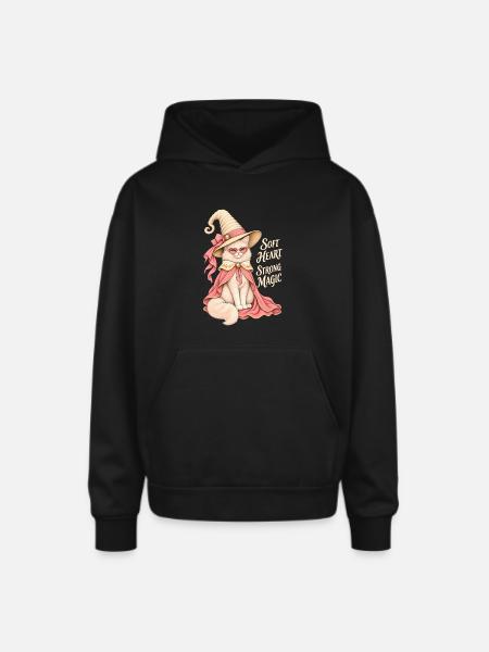 Soft Heart Strong Magic Cat - Oversized Hooded Sweatshirt - black