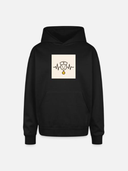 Nurse Heartbeat Smile Badge - Oversized Hooded Sweatshirt - black