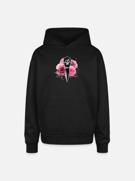 Roses and Skull Dagger - Oversized Hooded Sweatshirt - black