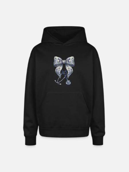 Floral Bow Stethoscope - Oversized Hooded Sweatshirt - black