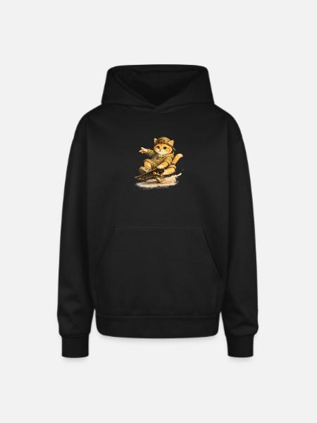 Skate Kitten on Board - Oversized Hooded Sweatshirt - black