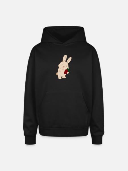 Bunny Holding Strawberry Charm - Oversized Hooded Sweatshirt - black