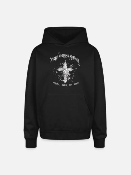 Fortis Fortuna Adiuvat - Cross and Hand Tattoo - Oversized Hooded Sweatshirt - black