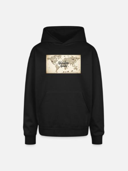 Adventure Awaits World Map - Oversized Hooded Sweatshirt - black
